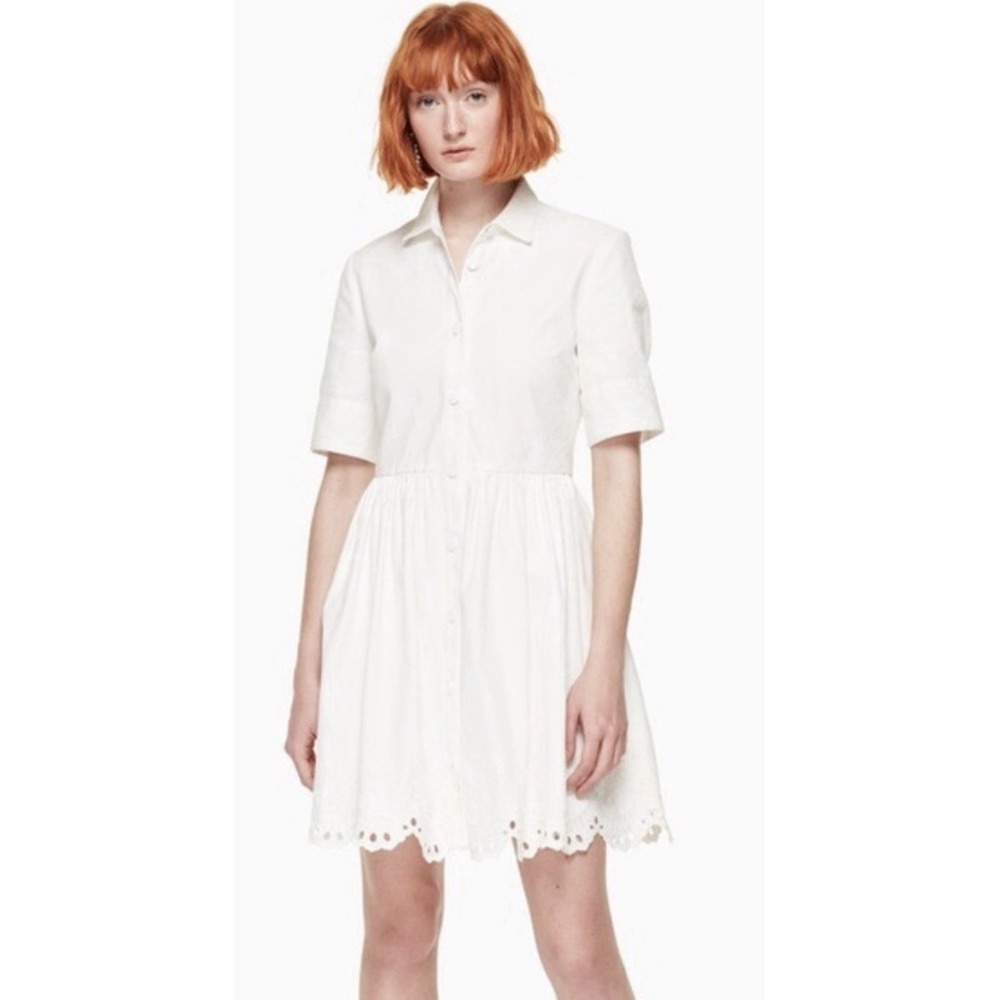 KATE‎ SPADE NY White Cutwork Denim Shirtdress Eyelet Hem Size 14 Pockets